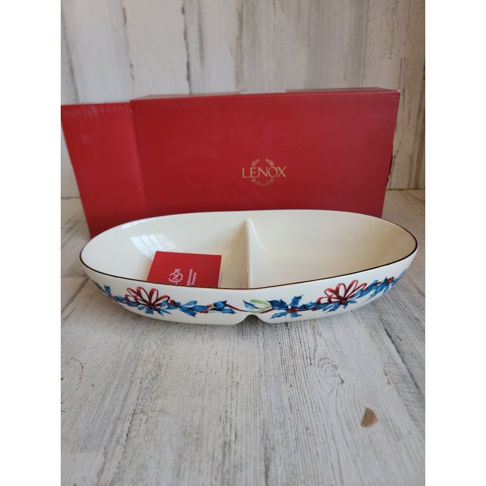 Lenox NEW divided oval Bowl mistletoe‎ winter greetings Xmas kitchen home decor
